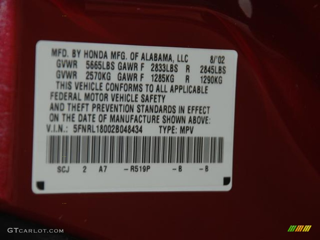 2002 Honda Odyssey EX-L Color Code Photos