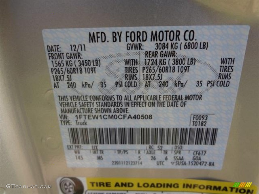 2012 F150 Color Code UX for Ingot Silver Metallic Photo #59181590