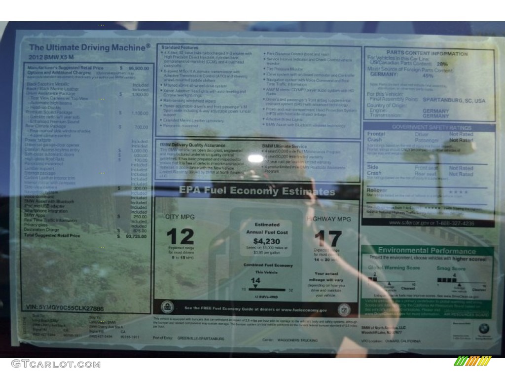 2012 BMW X5 M Standard X5 M Model Window Sticker Photos