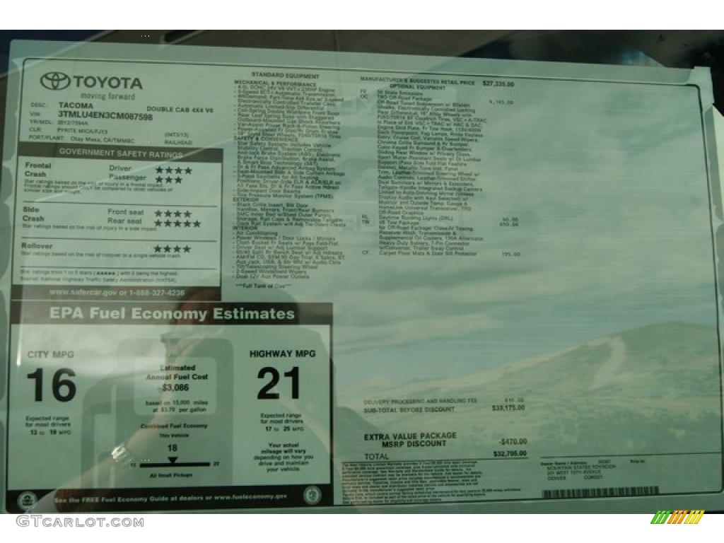 2012 Toyota Tacoma V6 TRD Double Cab 4x4 Window Sticker Photo #59216075