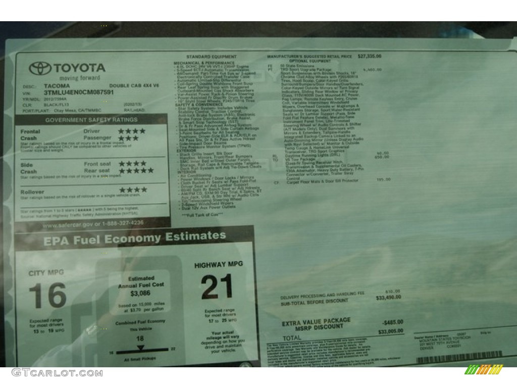 2012 Toyota Tacoma V6 TRD Sport Double Cab 4x4 Window Sticker Photo #59216342