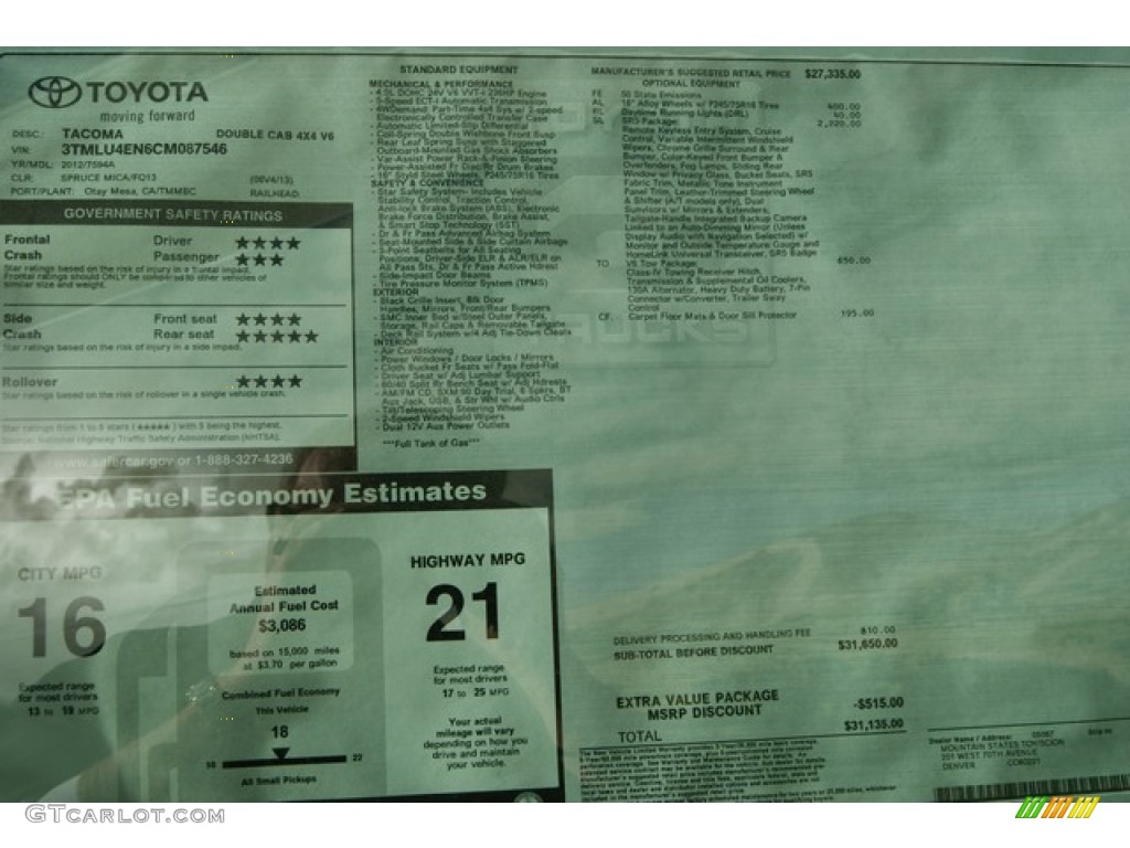 2012 Toyota Tacoma V6 SR5 Double Cab 4x4 Window Sticker Photo #59216487