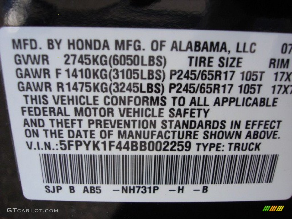 2011 Ridgeline Color Code NH731 for Crystal Black Pearl Photo #59221890
