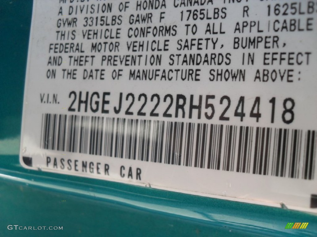 1994 Honda Civic DX Coupe Info Tag Photo #59238636