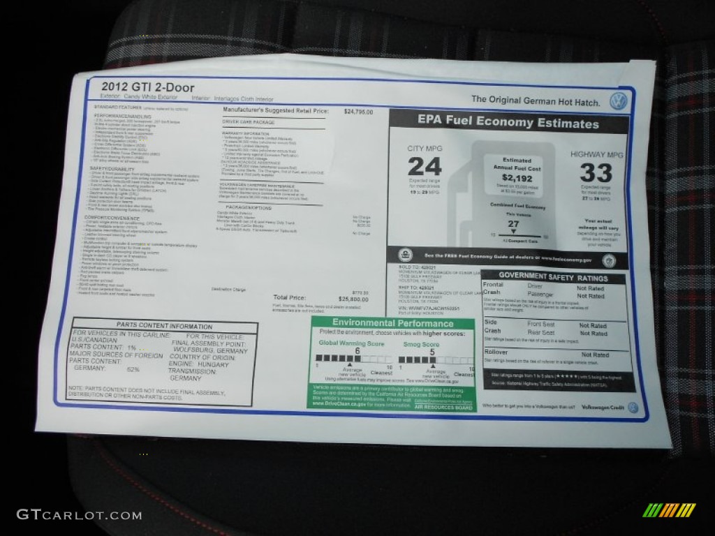 2012 Volkswagen GTI 2 Door Window Sticker Photo #59271156