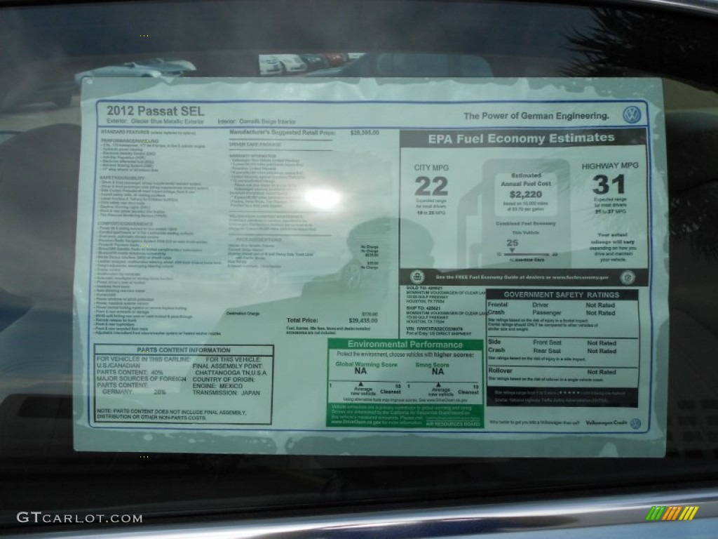 2012 Volkswagen Passat 2.5L SEL Window Sticker Photo #59273161