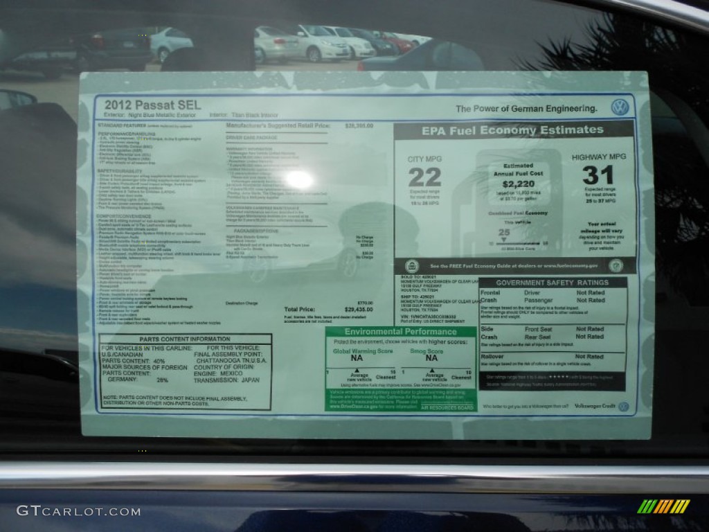 2012 Volkswagen Passat 2.5L SEL Window Sticker Photo #59273379