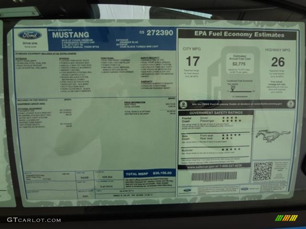 2012 Ford Mustang GT Premium Coupe Window Sticker Photo #59278998