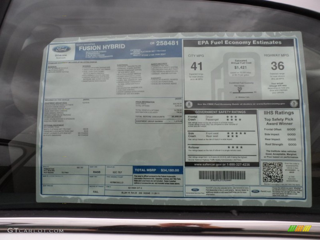 2012 Ford Fusion Hybrid Window Sticker Photo #59308046