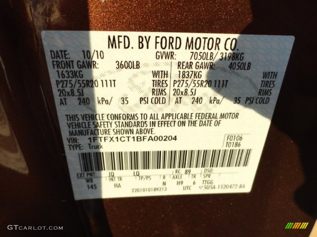 2011 Ford F150 Lariat SuperCab Color Code Photos