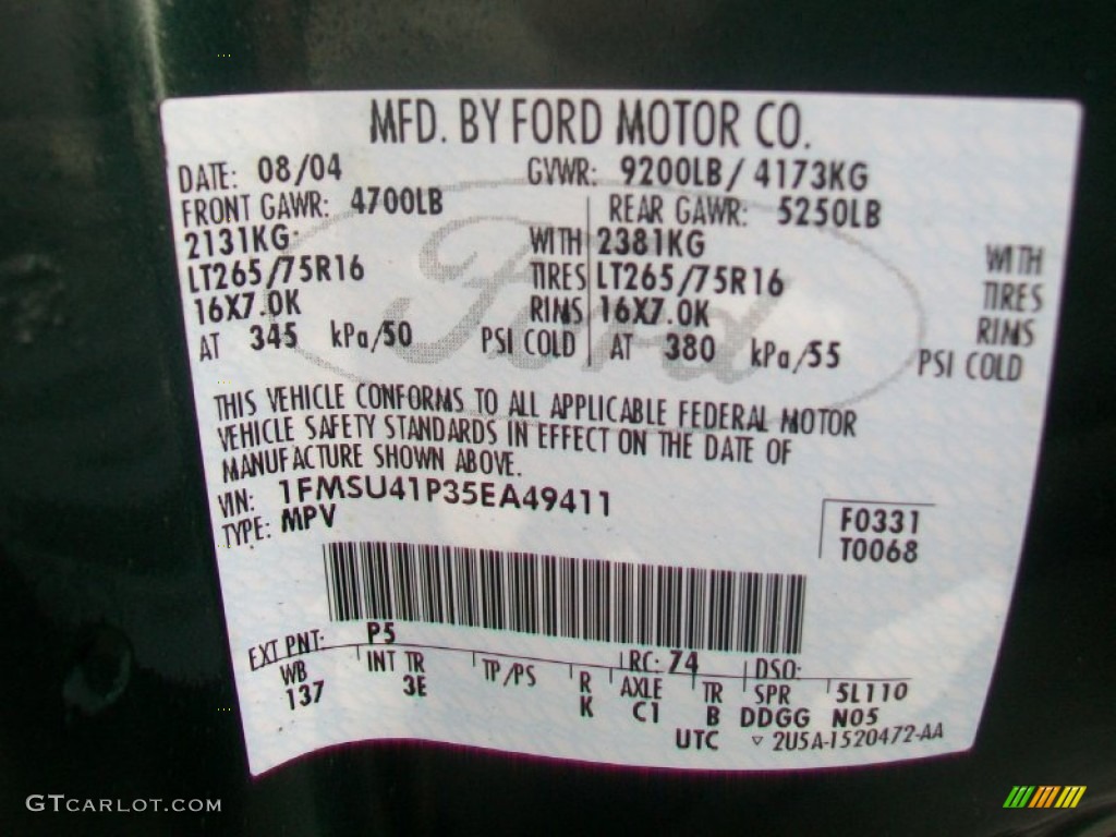2005 Ford Excursion XLT 4x4 Color Code Photos