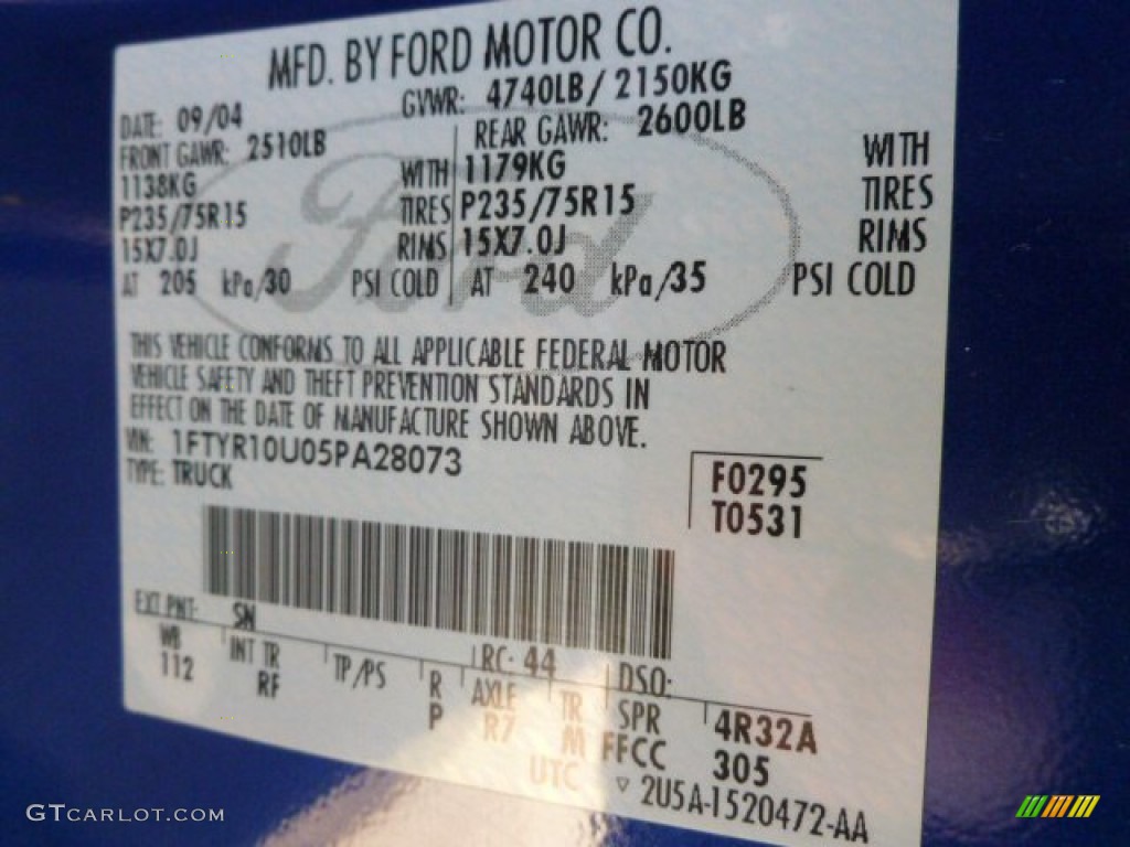 2005 Ranger Color Code SN for Sonic Blue Metallic Photo #59356123