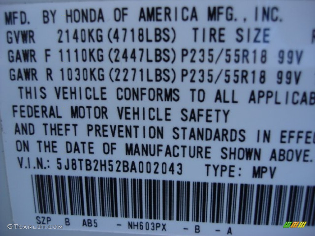 2011 RDX Color Code NH603PX for White Diamond Pearl Photo #59358823