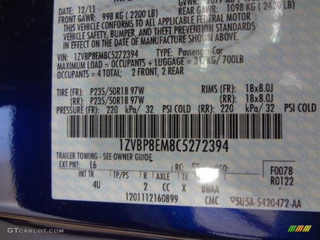 2012 Mustang Color Code L6 for Kona Blue Metallic Photo #59360904