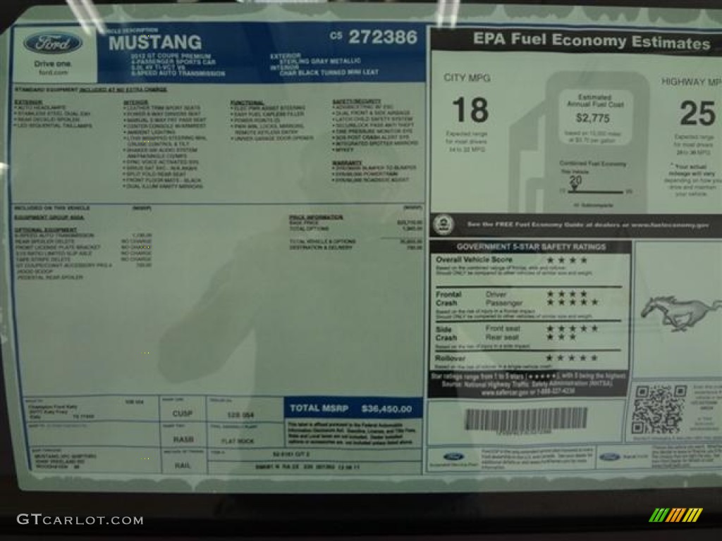 2012 Ford Mustang GT Premium Coupe Window Sticker Photo #59361285