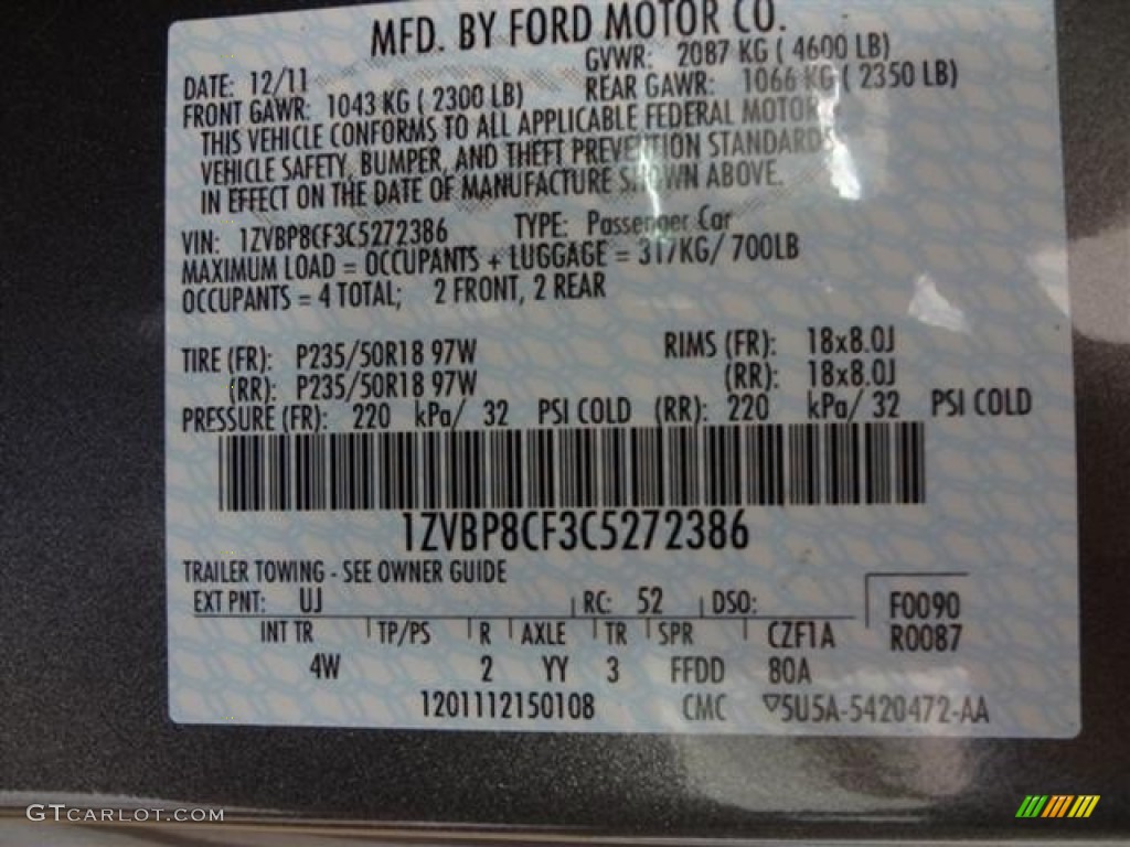 2012 Mustang Color Code UJ for Sterling Gray Metallic Photo #59361299