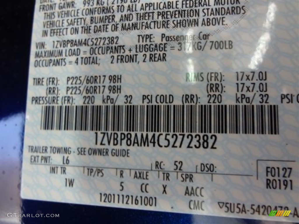 2012 Mustang Color Code L6 for Kona Blue Metallic Photo #59361759