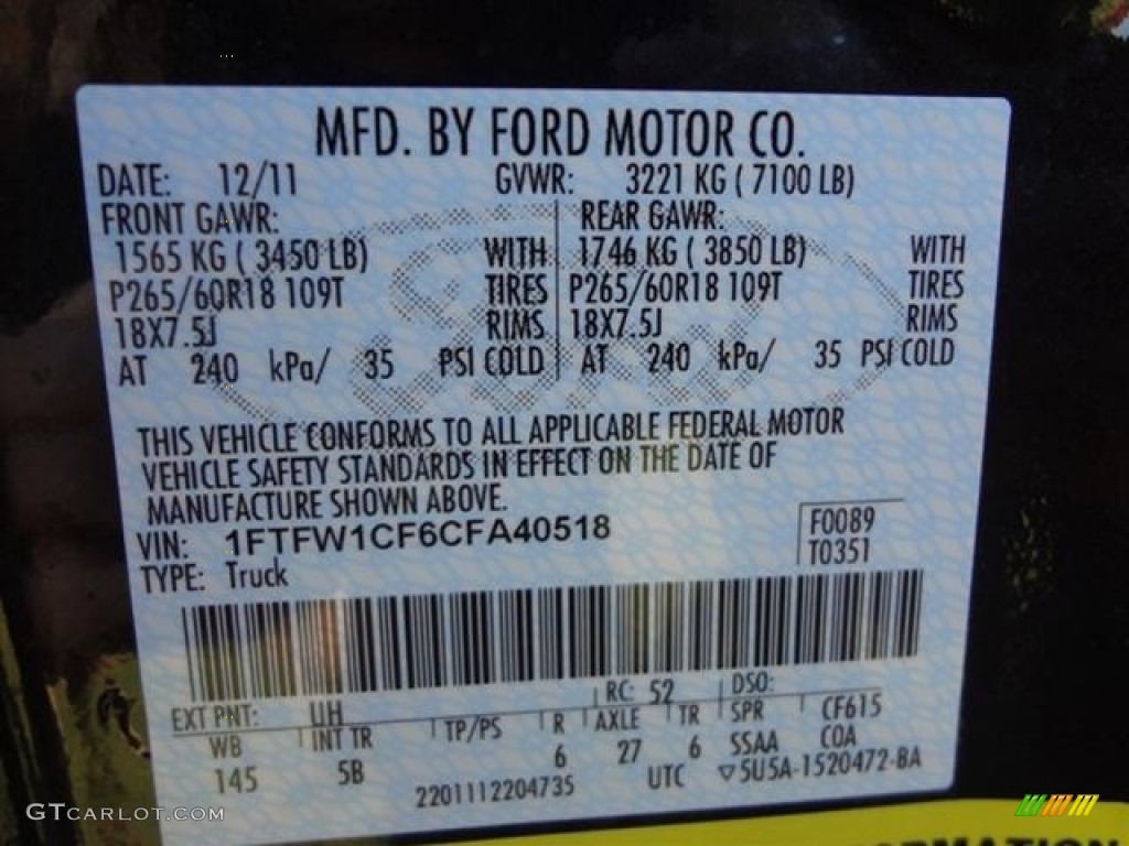 2012 F150 Color Code UH for Tuxedo Black Metallic Photo #59374428