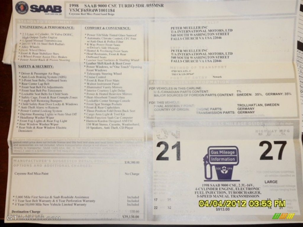 1998 Saab 9000 CSE Turbo Window Sticker Photo #59378964