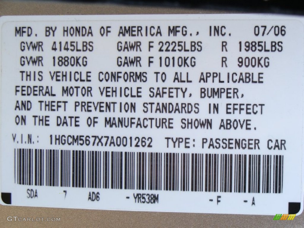 2007 Accord Color Code YR538M for Desert Mist Metallic Photo #59385653
