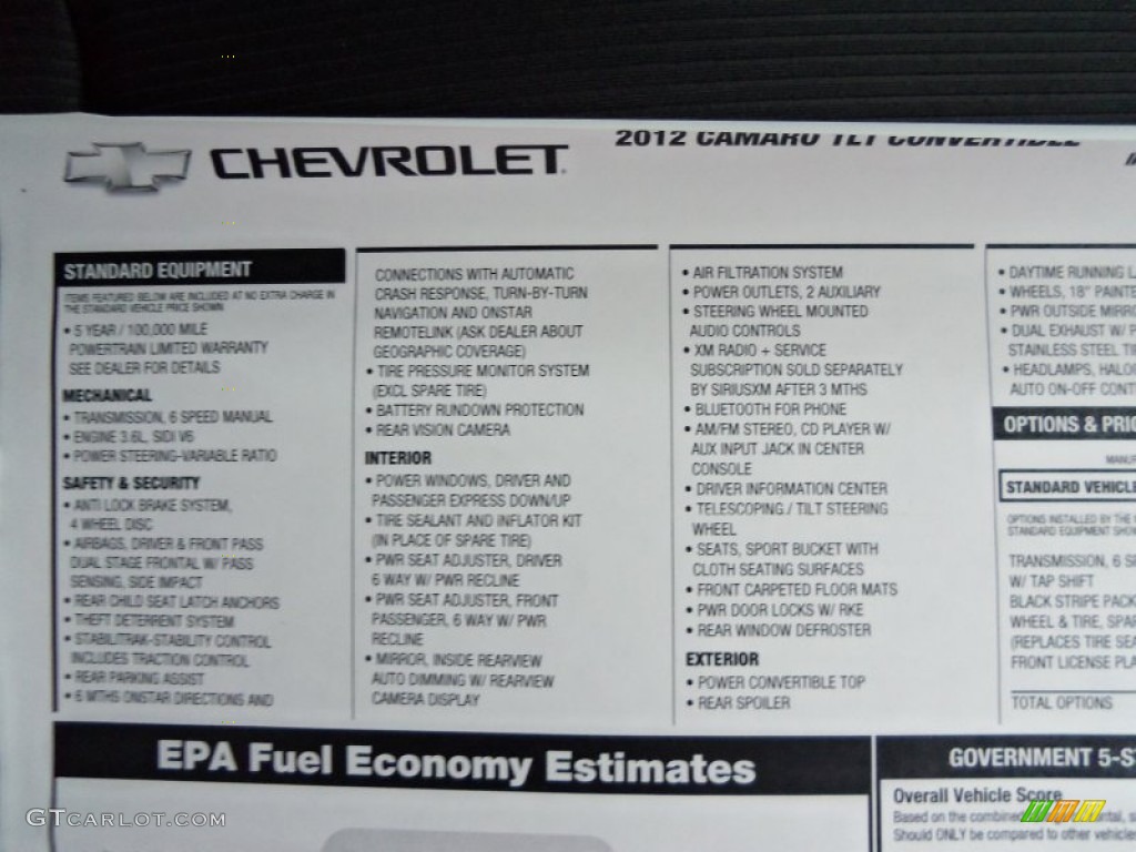 2012 Chevrolet Camaro LT Convertible Window Sticker Photo #59430383