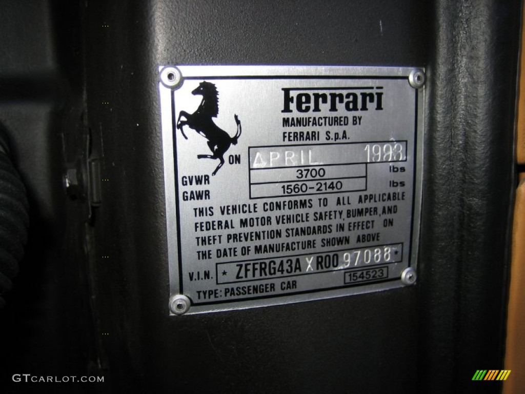 1994 Ferrari 348 Spider Info Tag Photo #59435021