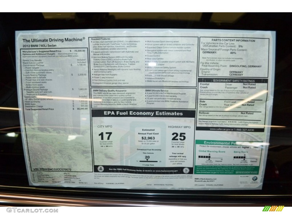 2012 BMW 7 Series 740Li Sedan Window Sticker Photo #59445776