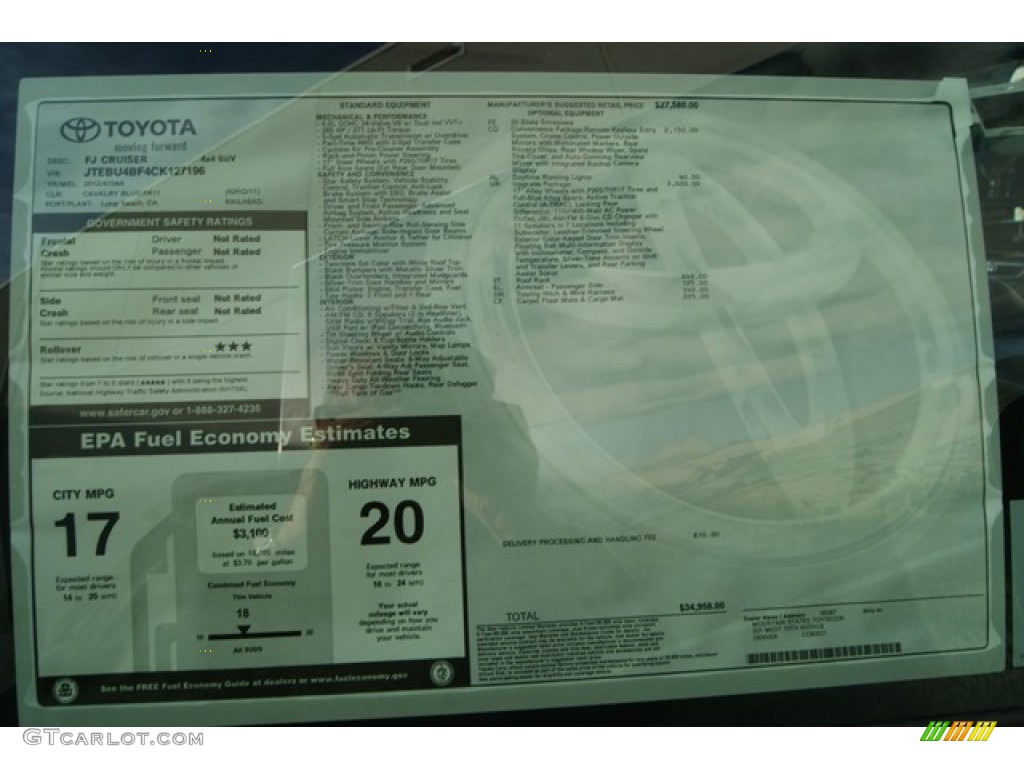 2012 Toyota FJ Cruiser 4WD Window Sticker Photo #59454791