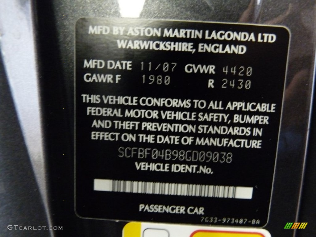 2008 Aston Martin V8 Vantage Roadster Info Tag Photo #59489033