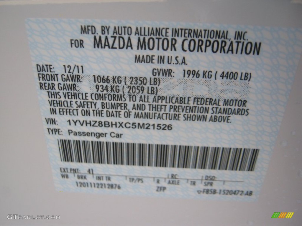 2012 MAZDA6 Color Code 41M for White Platinum Pearl Photo #59492262