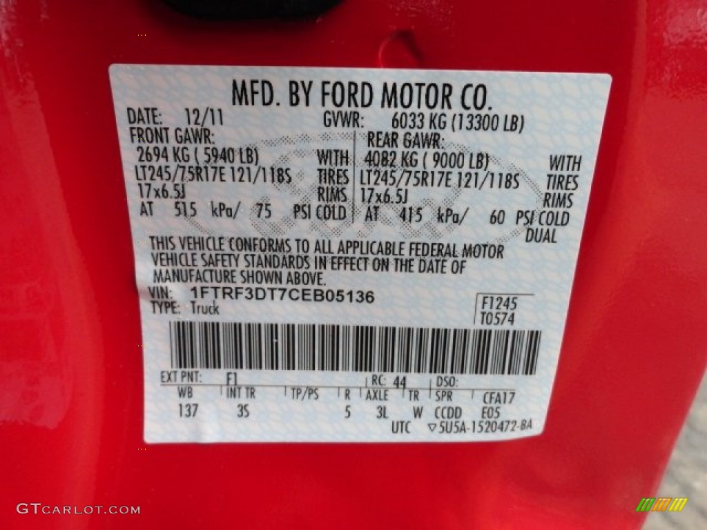 2012 Ford F350 Super Duty XLT Regular Cab 4x4 Dually Color Code Photos