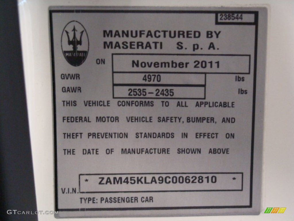 2012 Maserati GranTurismo S Automatic Info Tag Photo #59537788