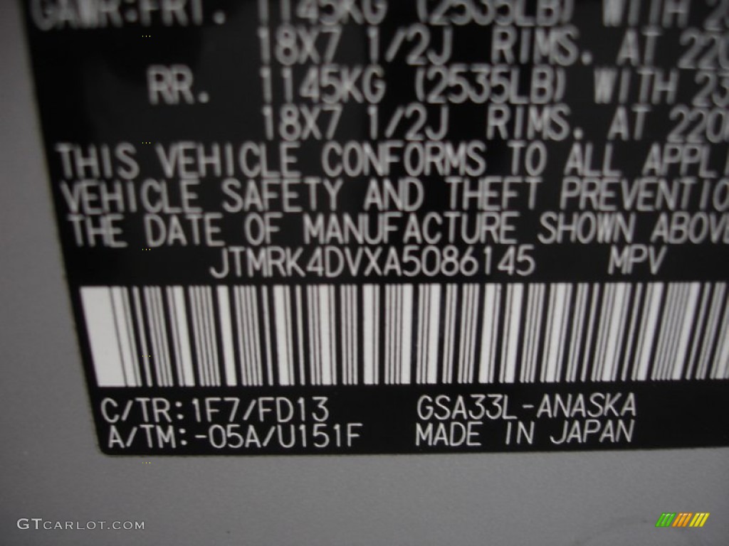 2010 RAV4 Color Code 1F7 for Classic Silver Metallic Photo #59549034