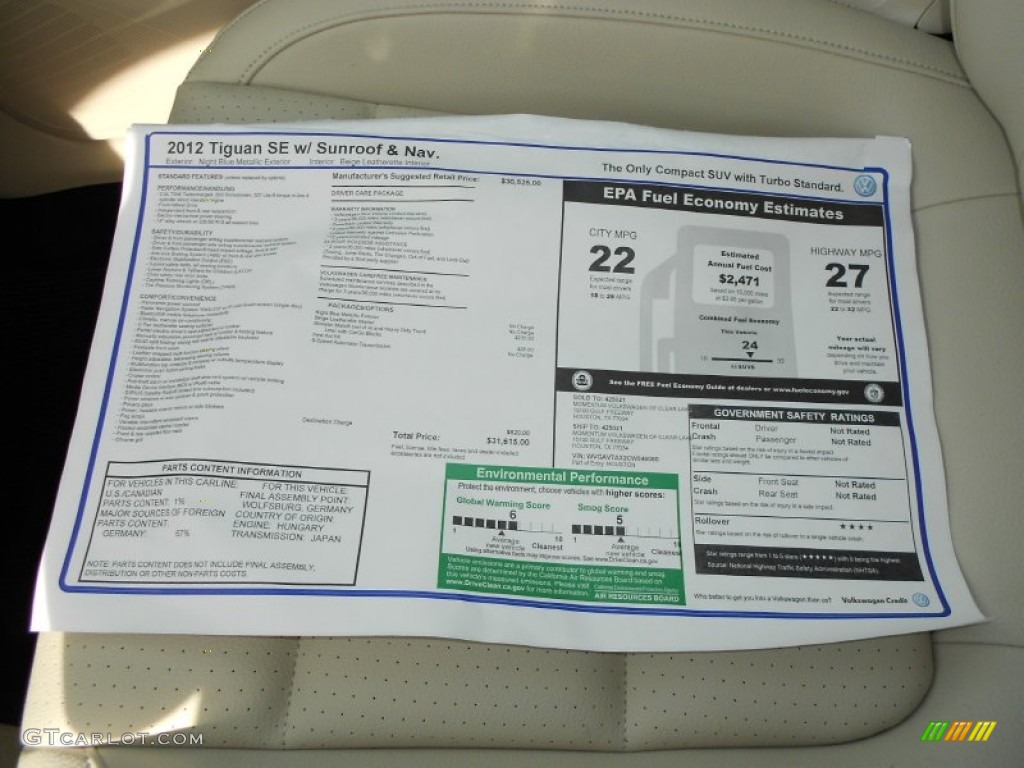 2012 Volkswagen Tiguan SE Window Sticker Photos