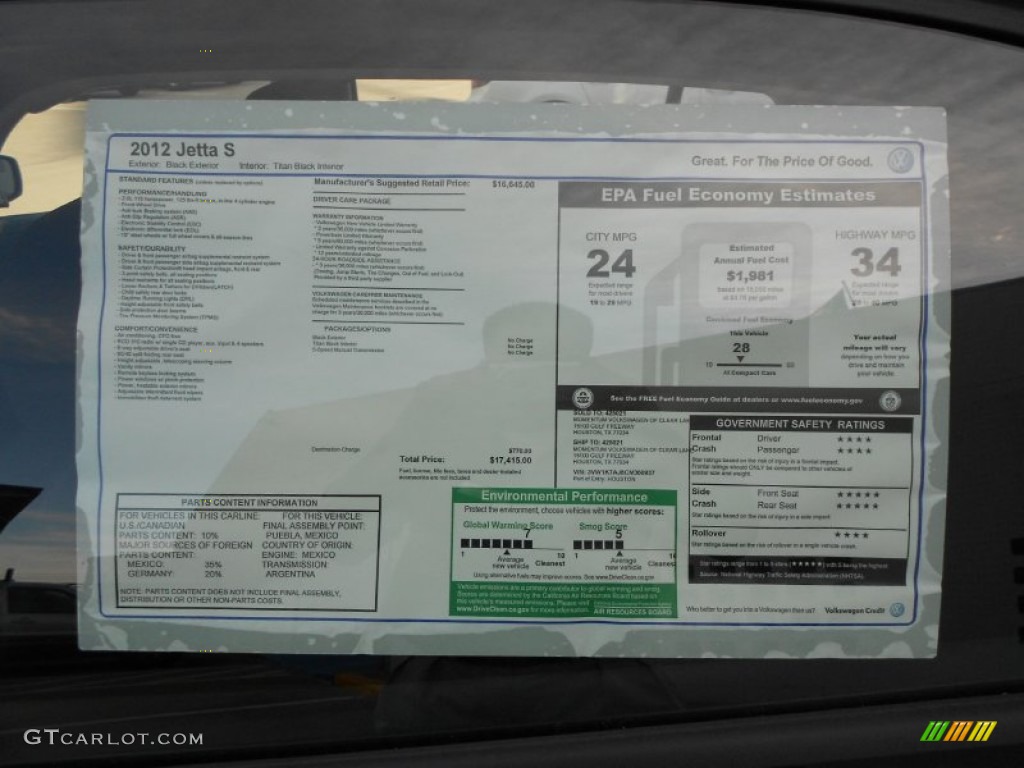 2012 Volkswagen Jetta S Sedan Window Sticker Photo #59550546