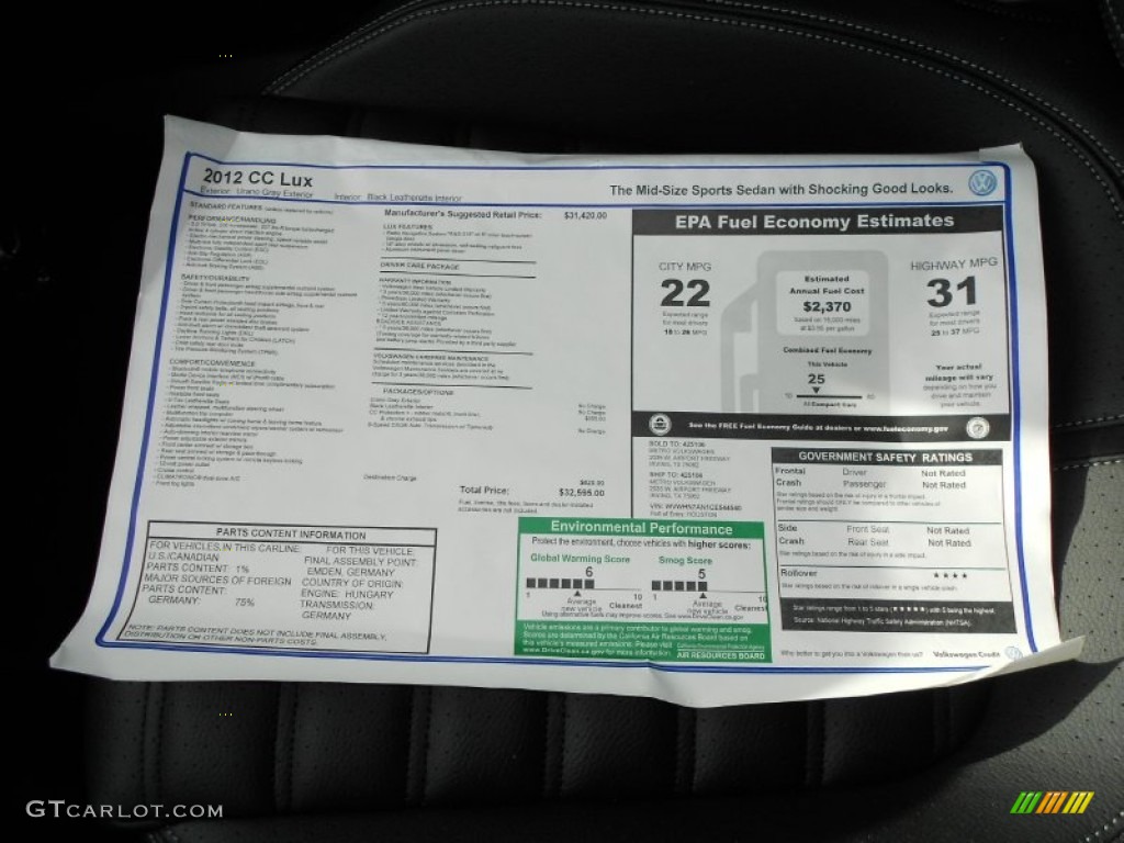 2012 Volkswagen CC Lux Plus Window Sticker Photo #59551617