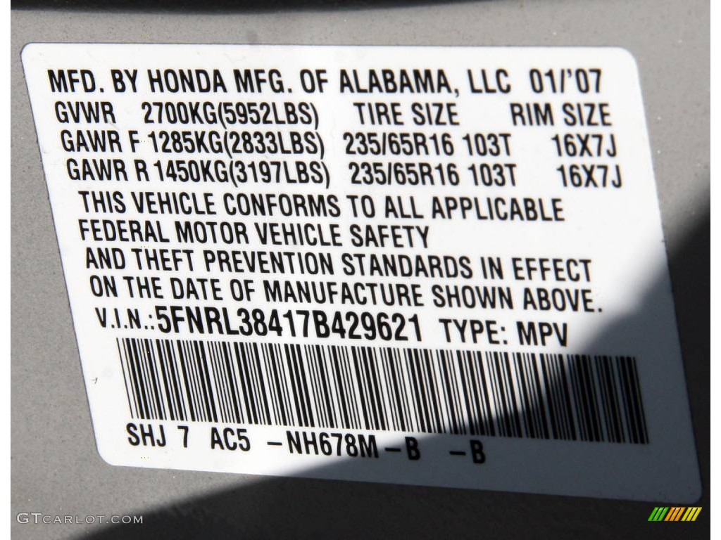 2007 Odyssey Color Code NH678M for Silver Pearl Metallic Photo #59587110