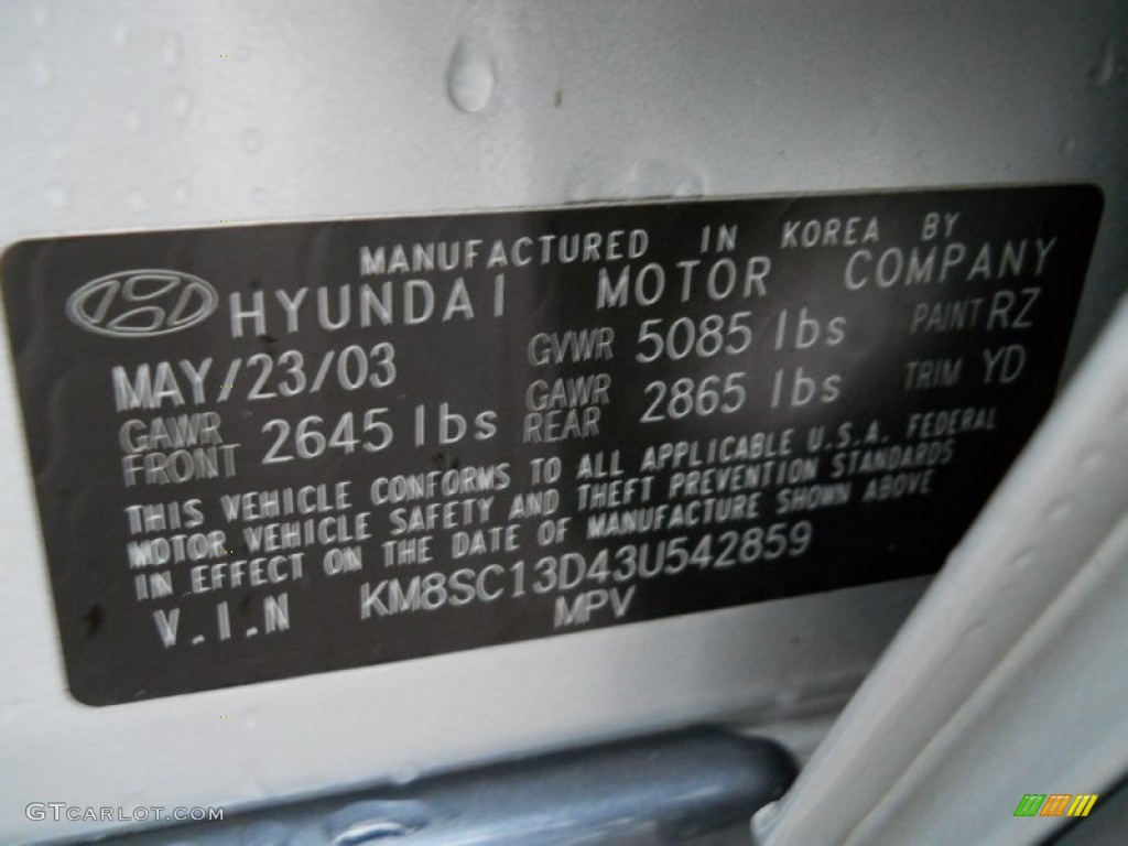 2003 Hyundai Santa Fe GLS Color Code Photos