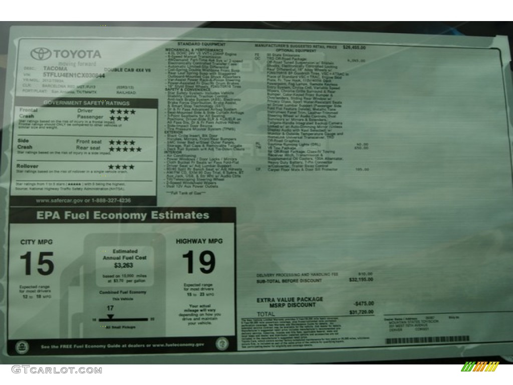 2012 Toyota Tacoma V6 TRD Double Cab 4x4 Window Sticker Photo #59614491