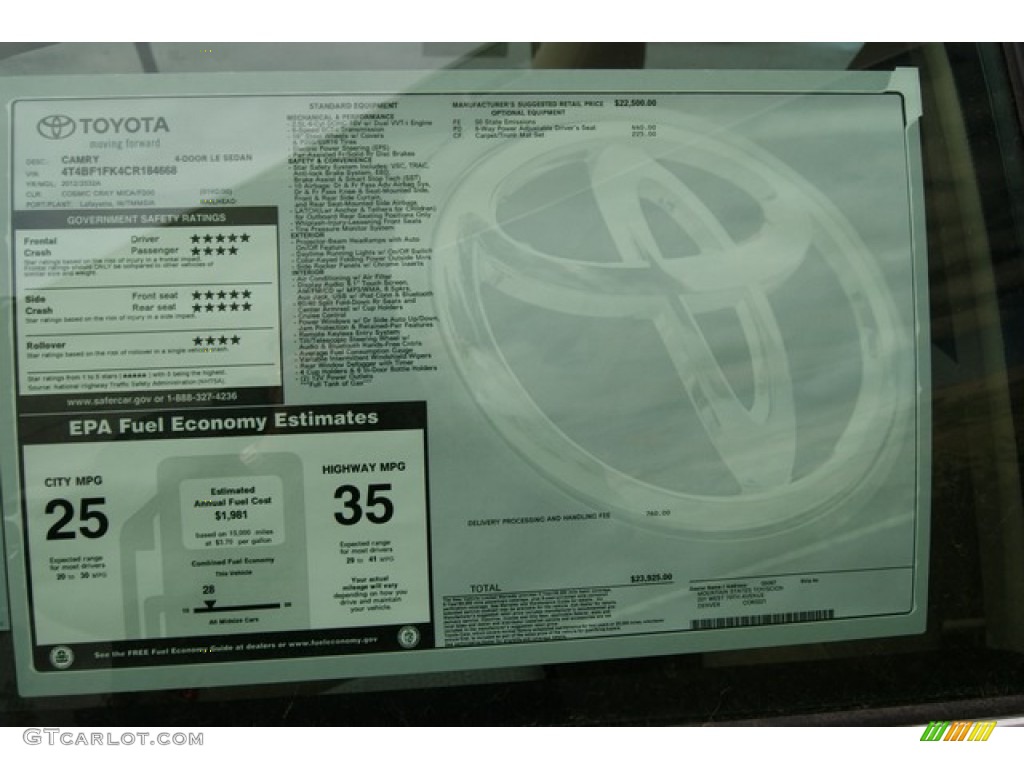 2012 Toyota Camry LE Window Sticker Photo #59615391