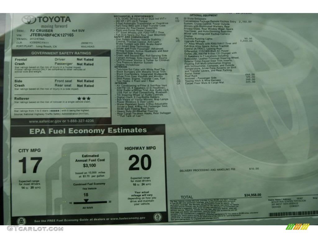 2012 Toyota FJ Cruiser 4WD Window Sticker Photo #59616294