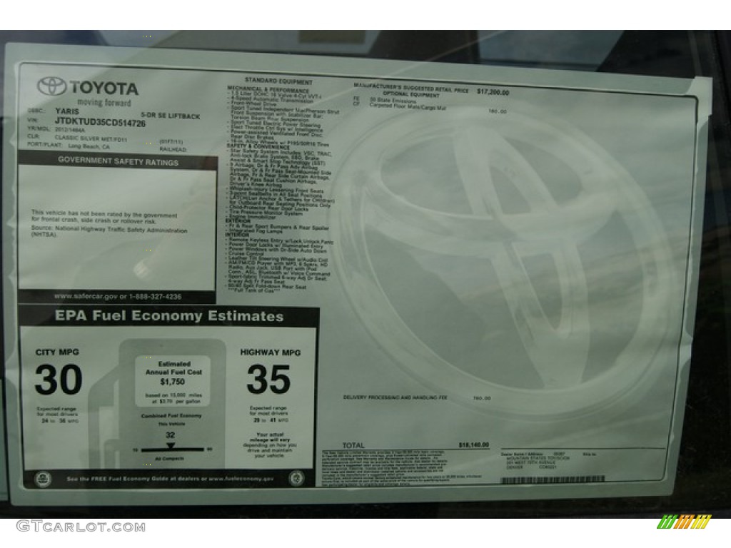 2012 Toyota Yaris SE 5 Door Window Sticker Photo #59616562