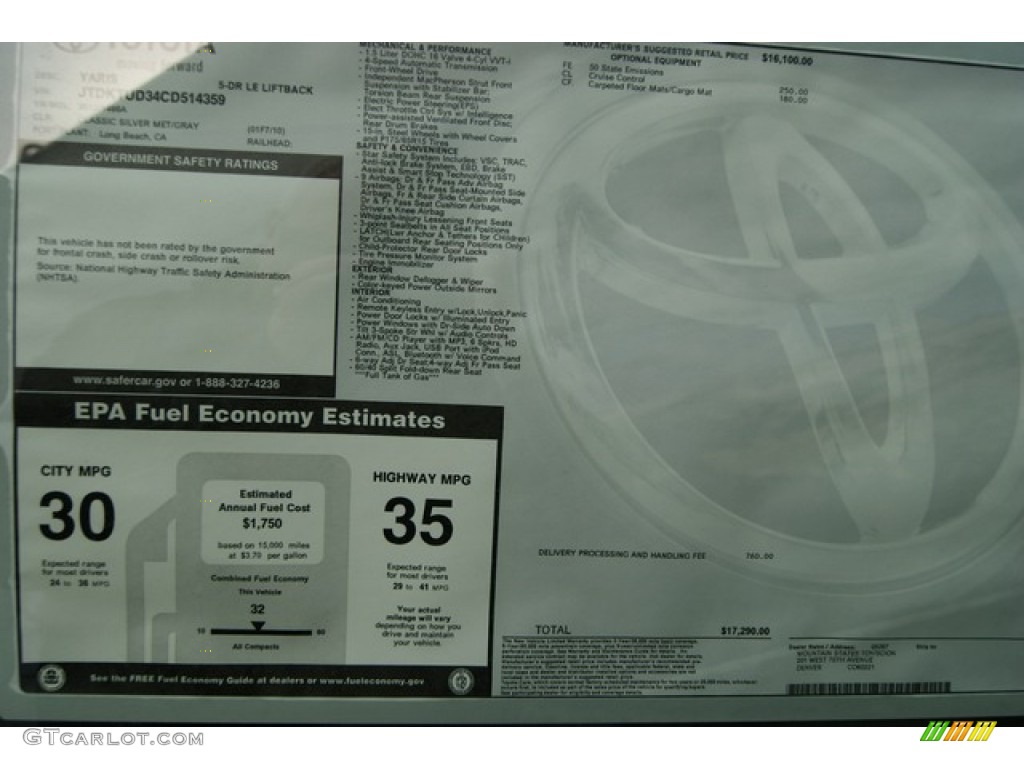 2012 Toyota Yaris LE 5 Door Window Sticker Photos