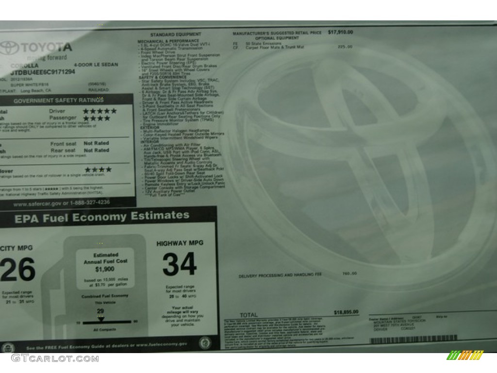 2012 Toyota Corolla LE Window Sticker Photo #59616951