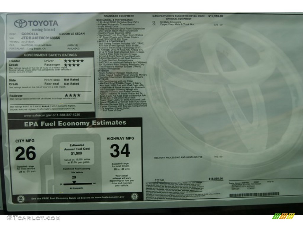 2012 Toyota Corolla LE Window Sticker Photo #59617365