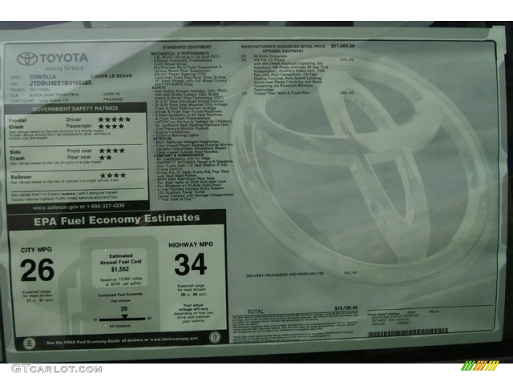 2011 Toyota Corolla LE Window Sticker Photos
