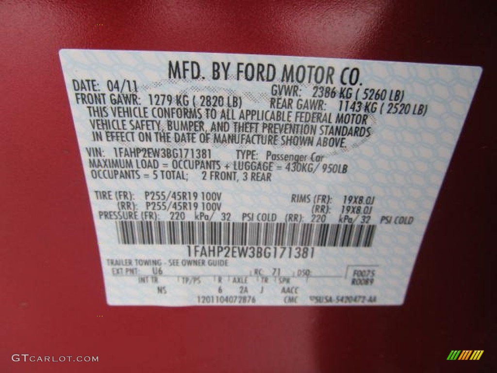 2011 Taurus Color Code U6 for Red Candy Photo #59619168