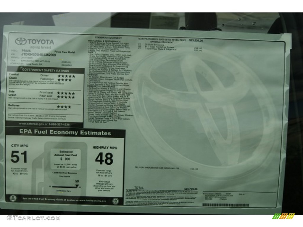 2011 Toyota Prius Hybrid II Window Sticker Photo #59619232