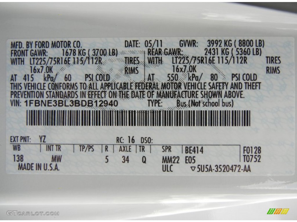 2011 E Series Van Color Code YZ for Oxford White Photo #59636286