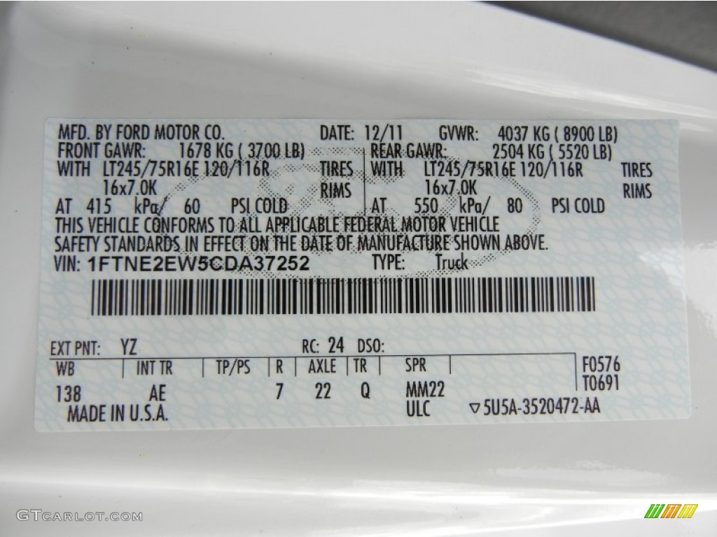 2012 E Series Van Color Code YZ for Oxford White Photo #59637531